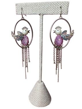 Betsey Johnson Vintage Lavender Crystal Bird Drop Earrings with Silver Chains